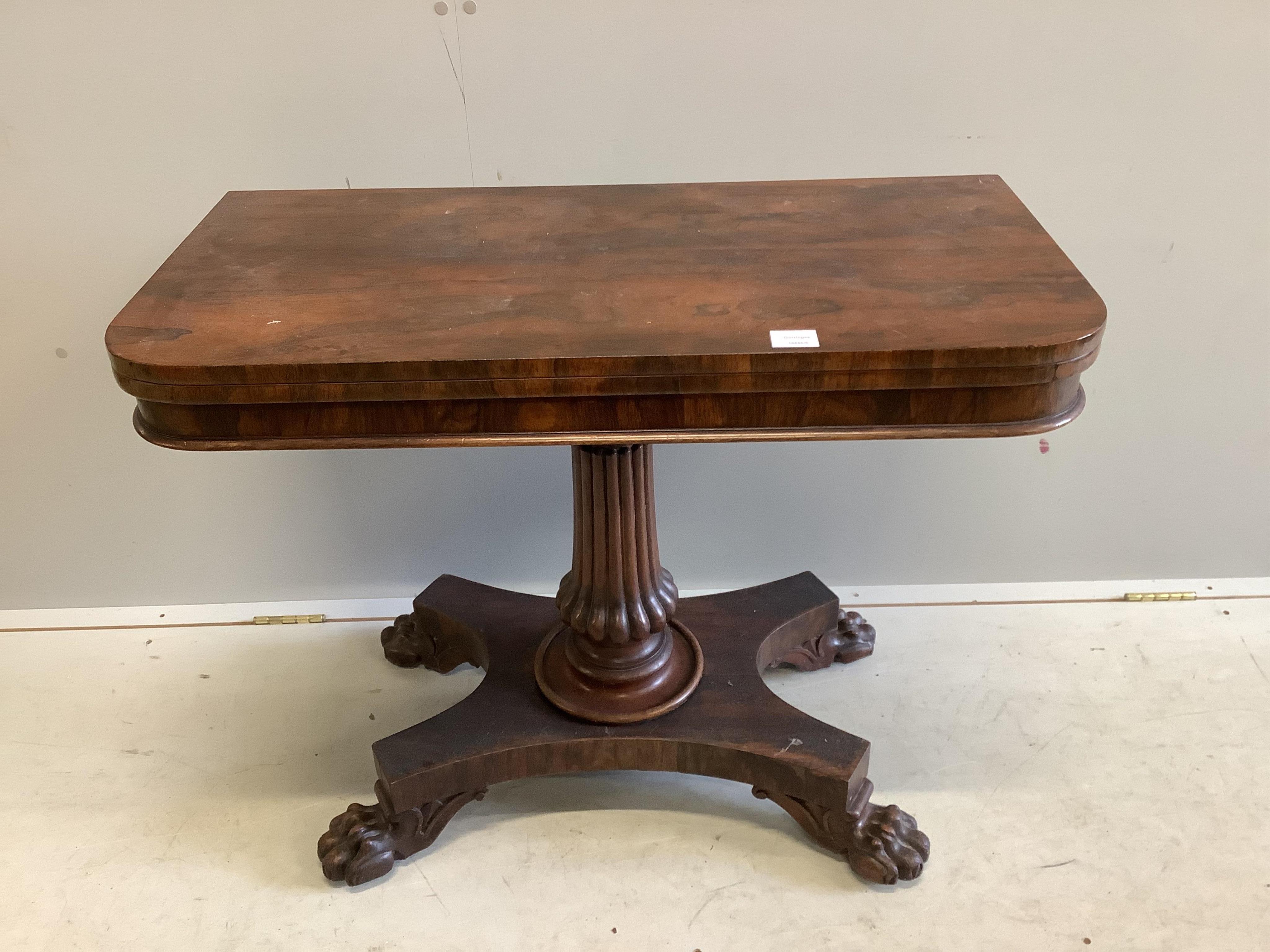 An early Victorian rectangular rosewood folding card table, width 91cm, depth 46cm, height 71cm. Condition - fair